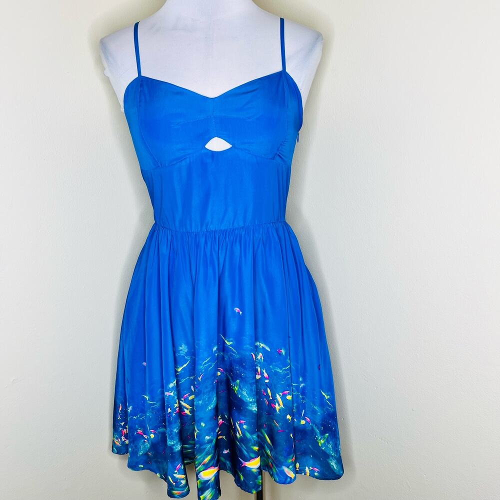 L'Amour Nanette Lepore Dress 9 Juniors Fit & Flare Blue Rainbow Fish Aquarium 6